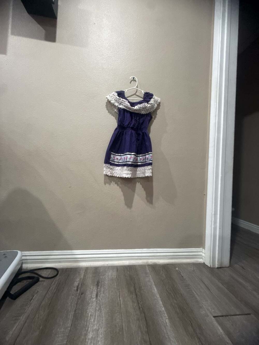 Girls Mexican Style Off The Shoulder Peasant Dress Navy Blue With Lace Trim